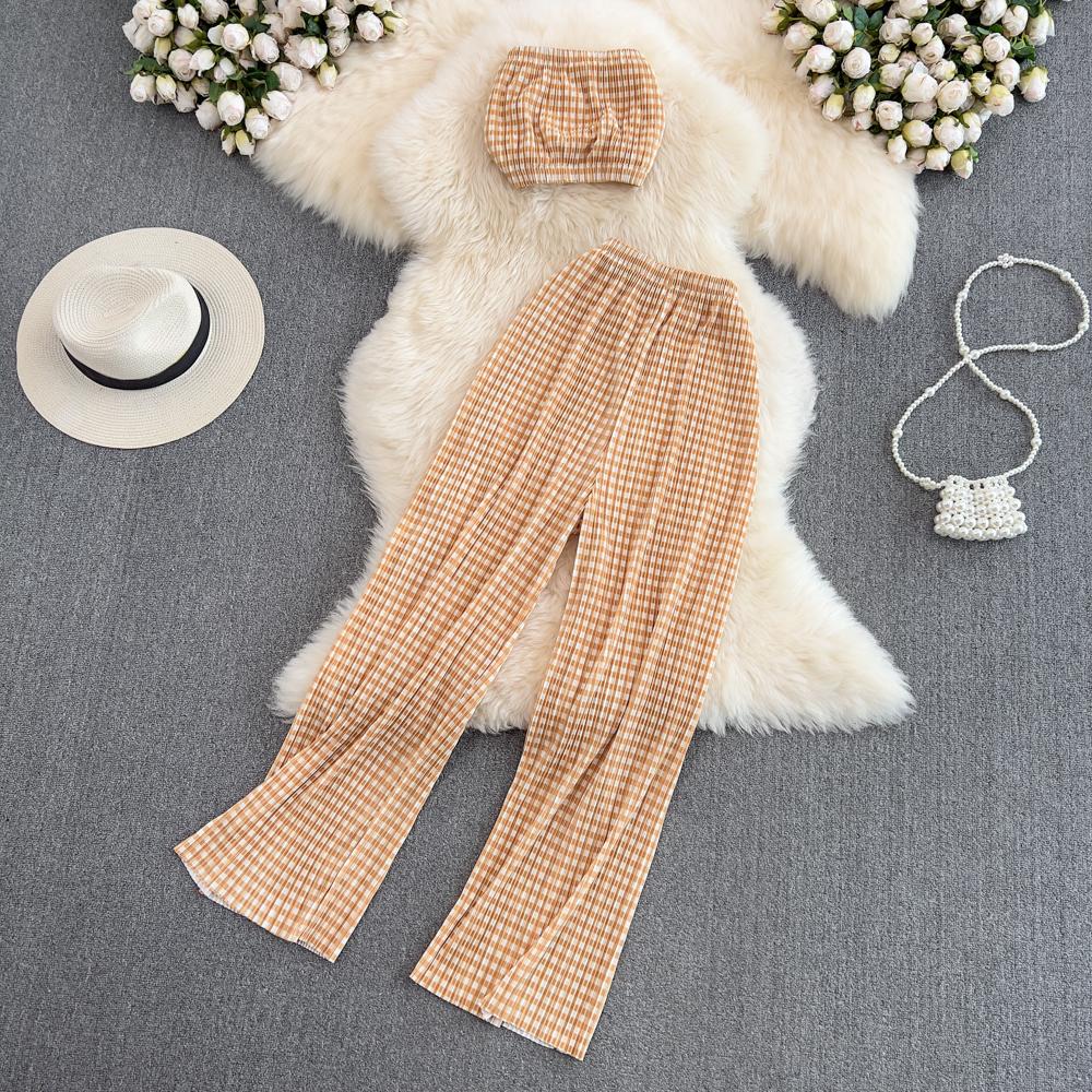 RUGOD 2022 Modeanzug Damen Sexy Tube Top Zweiteiliger Anzug mit hoher Taille Drapieren Lässige Farbverlaufsfarbe Gerade Hose mit weitem Bein