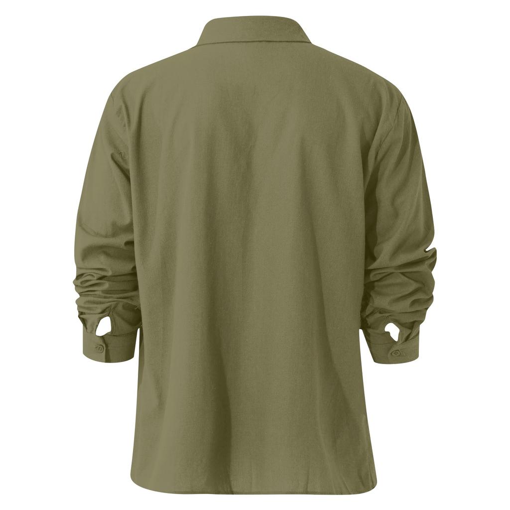 Four Seasons Long Sleeve V-neck Loose Shirt Spring Button Solid Color Cotton Hemp Seaside Cardigan Shirt Men