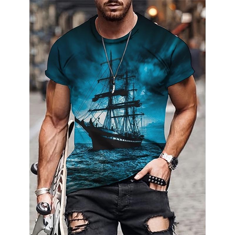 Pattern Print Mens Clothing T Shirt for Men Short Sleeve Tee Gym Clothing Men Male T-shirt Pirate Ship Print Clothes