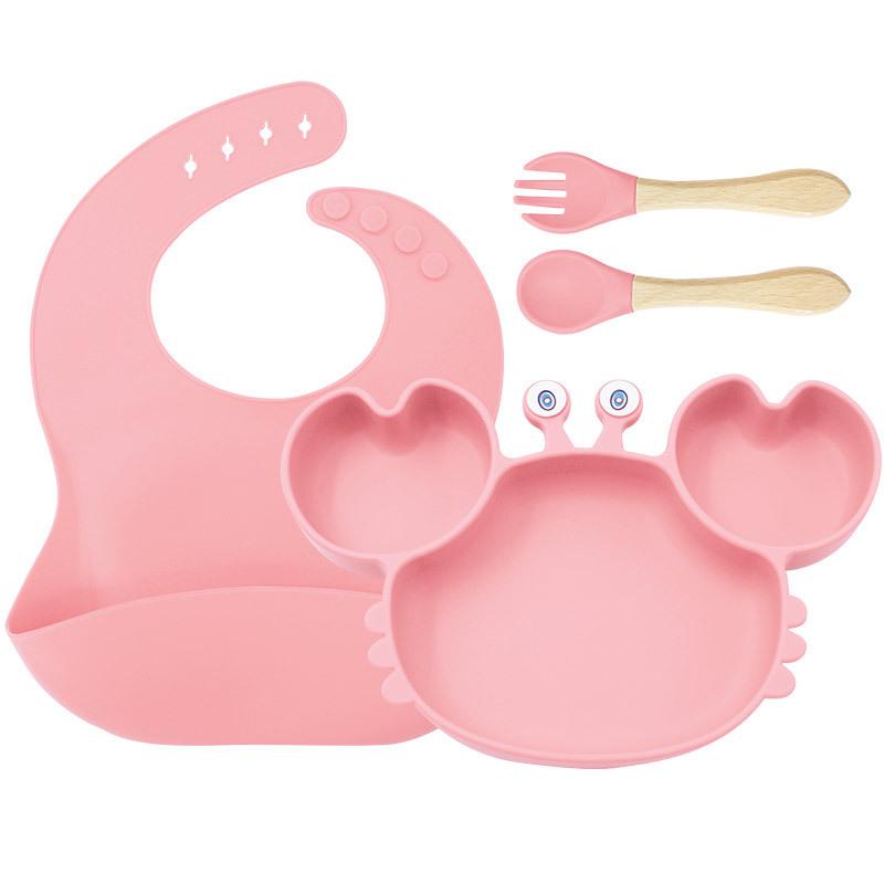 Crab-Themed Silicone Tableware Set: 9-Piece Baby Feeding Kit with Meal Plate, Bowl, Spoon, and Fork