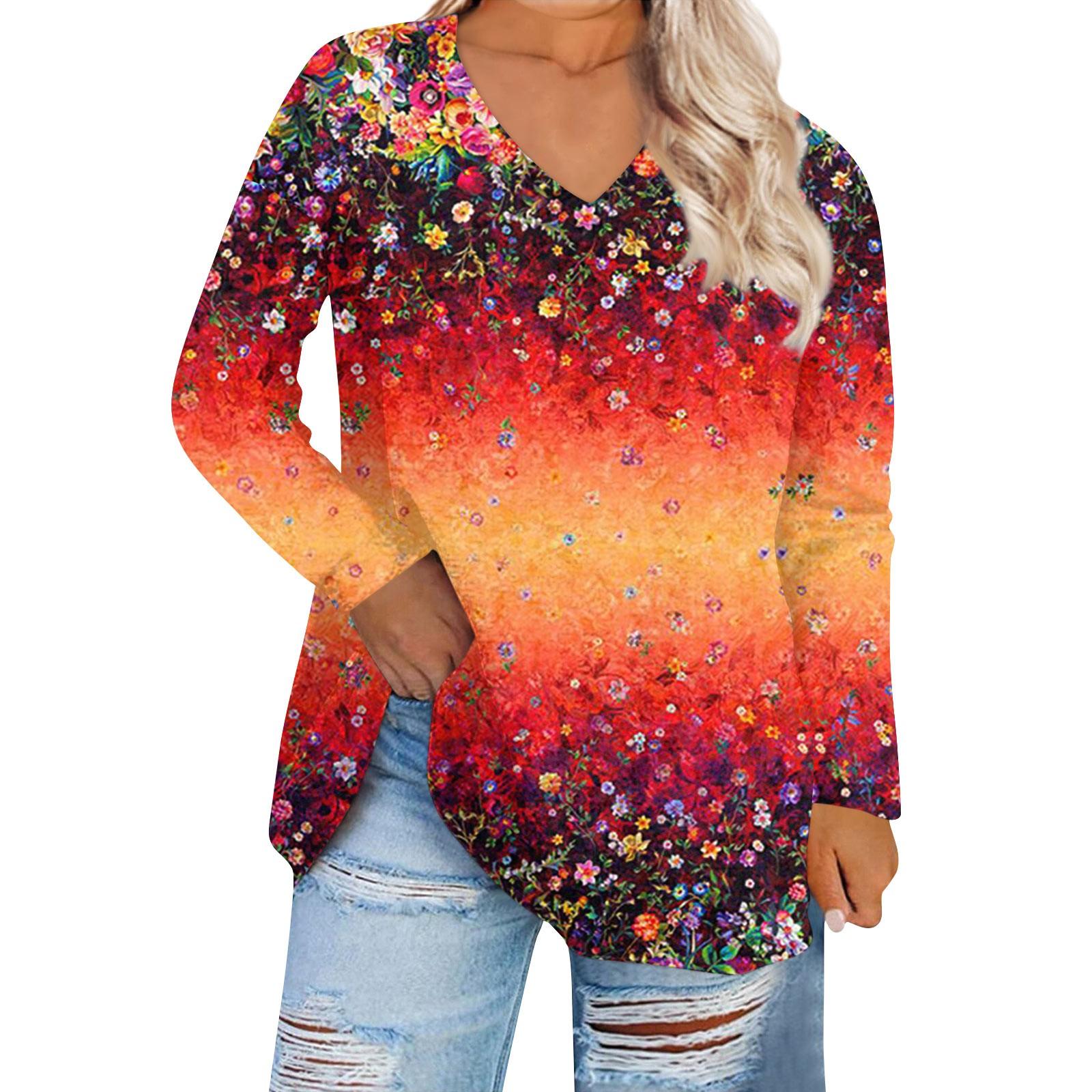 

Женский топ большого размера с v-образным вырезом, повседневные свободные удобные футболки с длинными рукавами с принтом, топы XL красный