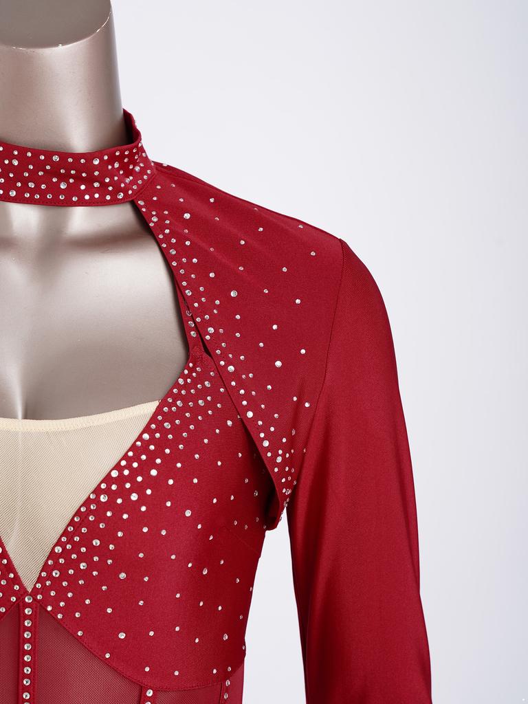 Body Vestito da Danza Lirica da Donna con Strass Manica Lunga Singola Orlo Irregolare in Rete