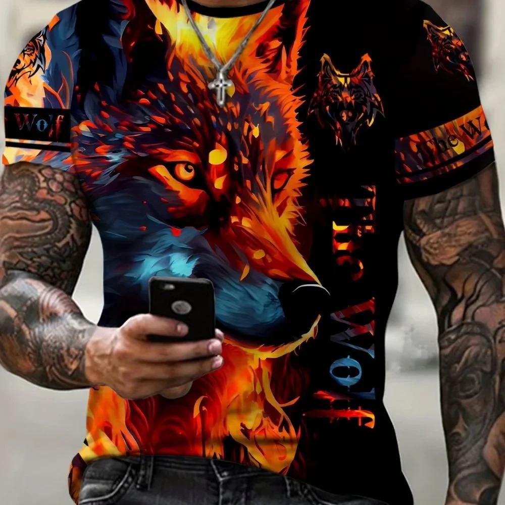 Animal Fun Wolf 3D Printed Men's T-shirt Personalized Extra Large Boys Retro Fashion Round Neck Short Sleeve