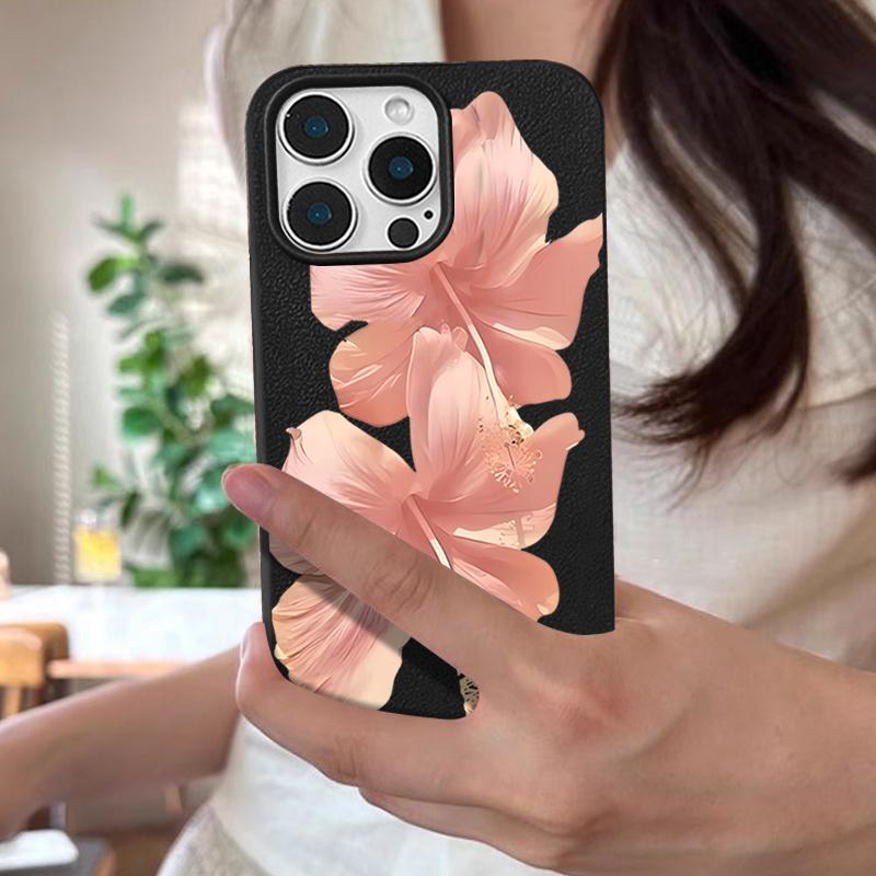 Pouzdro Pro iPhone 17 Pro Max Růžový vzor ibišku Kožená textura Silikonový kryt Pro iPhone 16 Pro Max 15 14 13 12 11 Air 16E