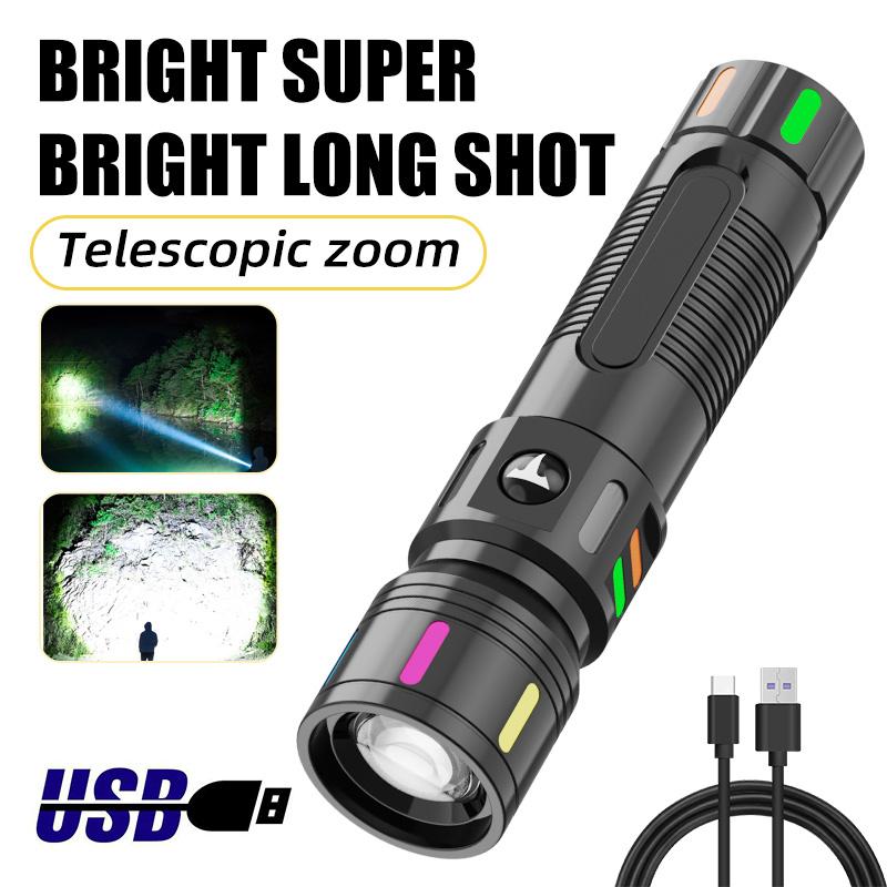 High Brightness Flashlight with Built-in Battery, Fluorescent Strip, Rechargeable Aluminum Alloy ABS Light, Waterproof Hiking Camping Light