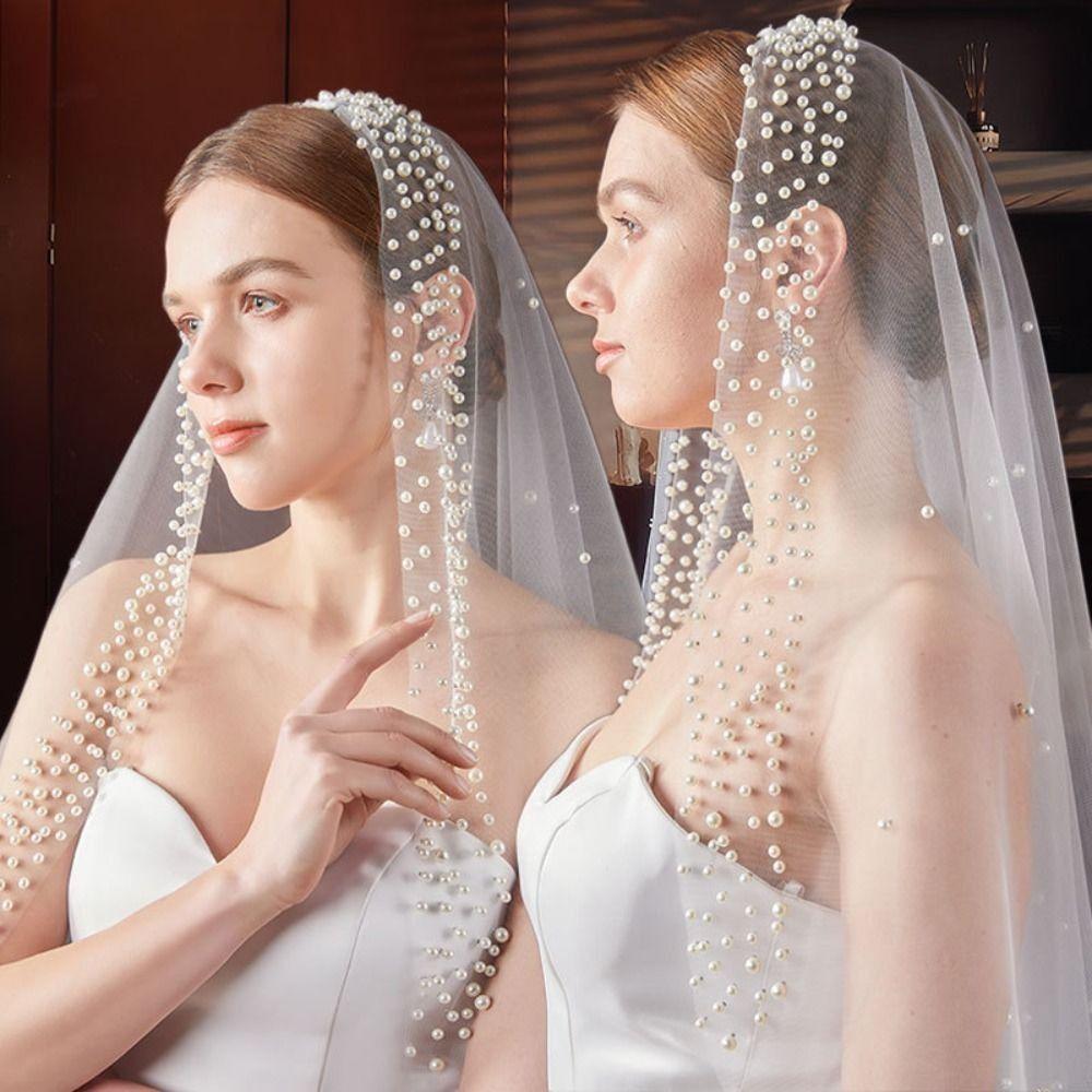 130cm Pearls Tulle Bridal Veil Vintage Waist Length Drop Veil Long Wedding Veil  Wedding Dress