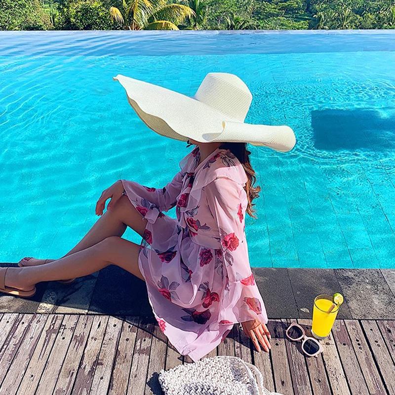 Chapeau à très large bord pour femmes, protection solaire, chapeau de plage en paille, chapeau de soleil de voyage, été au bord de la mer, grand bord 20 cm
