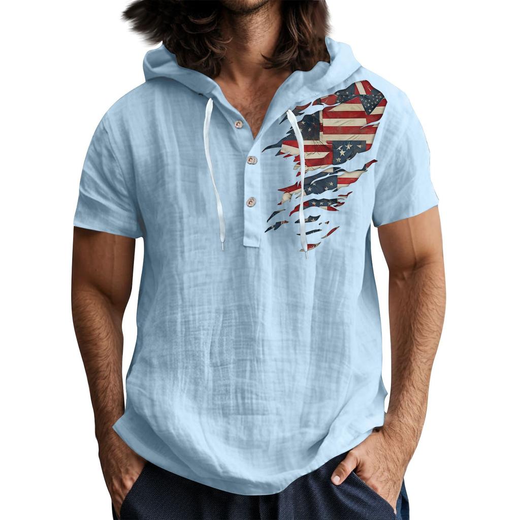 Men'S Casual Short Sleeved Hooded Top Buttoned Open Neck T-Shirt