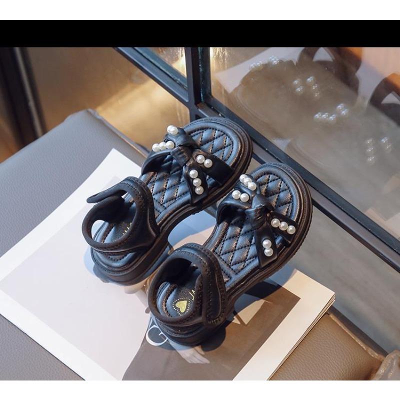 New Summer Girls' Sandals - Fashionable Pearl Princess Shoes with Non-Slip Hook & Loop Closure for Beach Wear