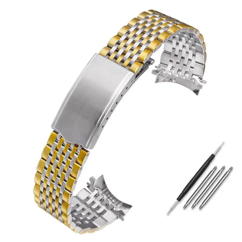 Curved End Watchband for Omega Seamaster Speedmaster DeVille Stainless Steel Strap 18mm 19mm 20mm Thin Bracelet Belt Silver Gold