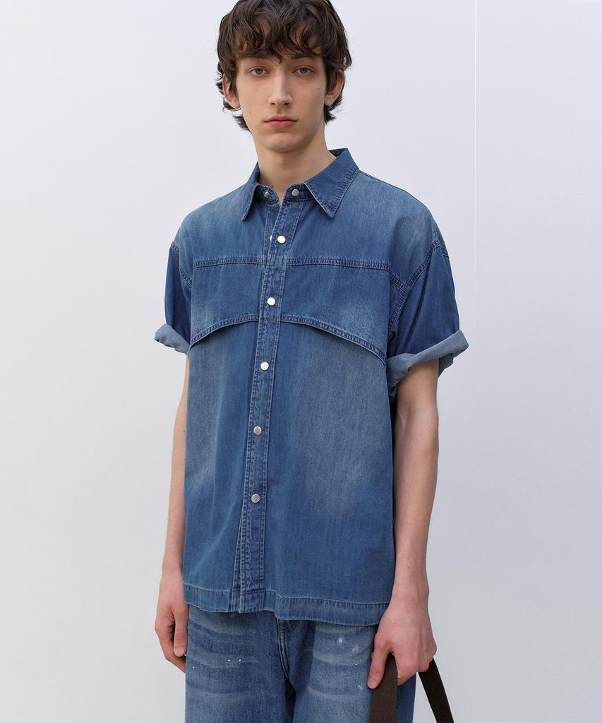 INSILENCE Flash Half Denim Shirt Washed Blue