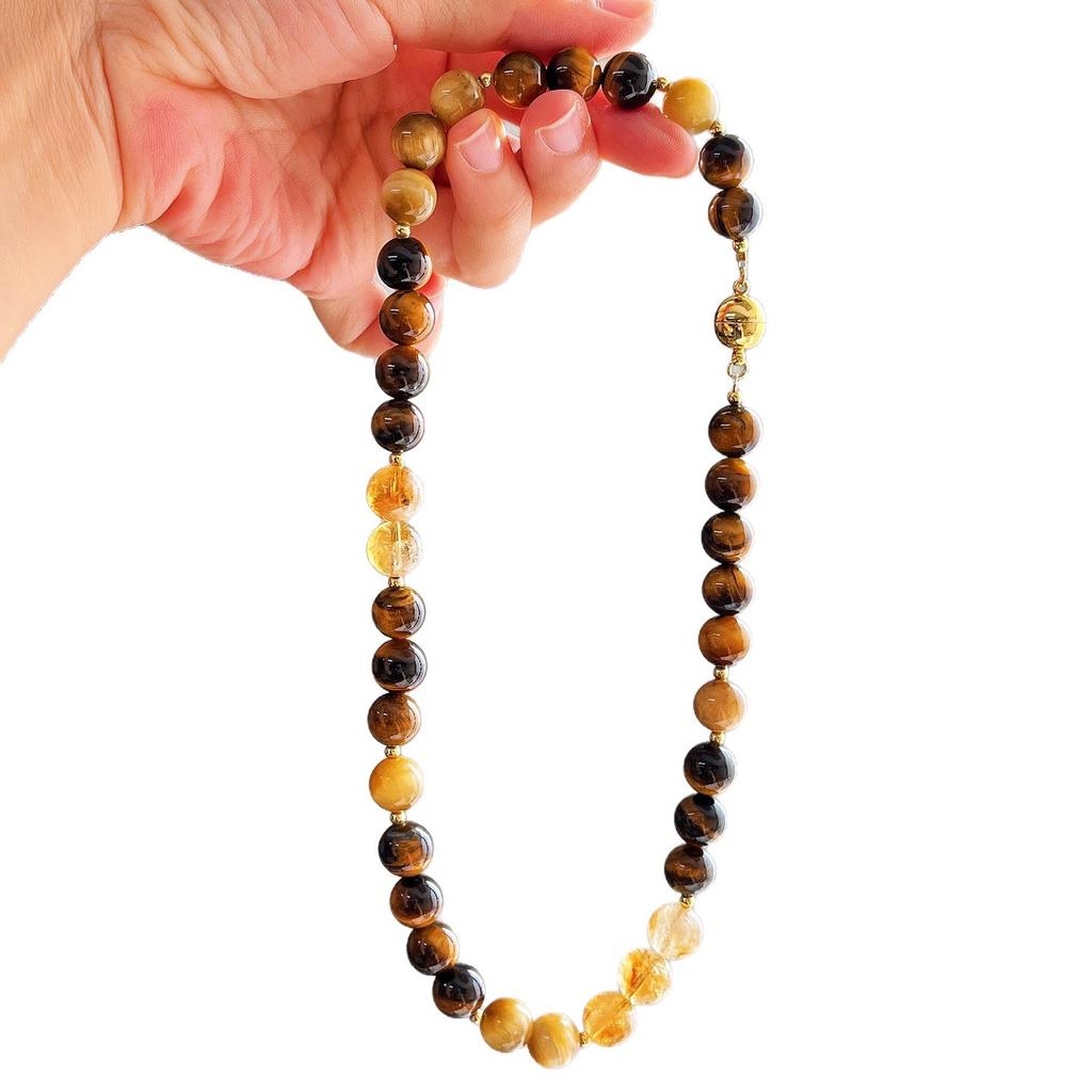 10mm Autumn and Winter Retro High Quality Natural Tiger's Eye Citrine Design Necklace Collarbone Chain Sweater Chain Women