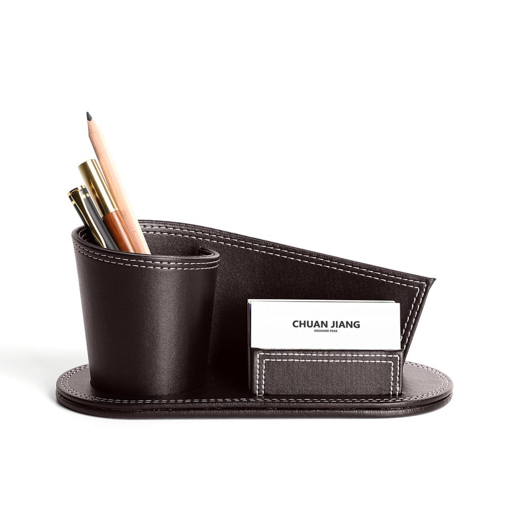 

1 шт. Офисные принадлежности кожаный держатель для ручек со стойкой для хранения визитных карточек, креативная многофункциональная кожаная коробка для хранения канцелярских товаров кофейный