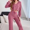 Women's V Neck Brushed Ribbed Set, Long Sleeve with Pants