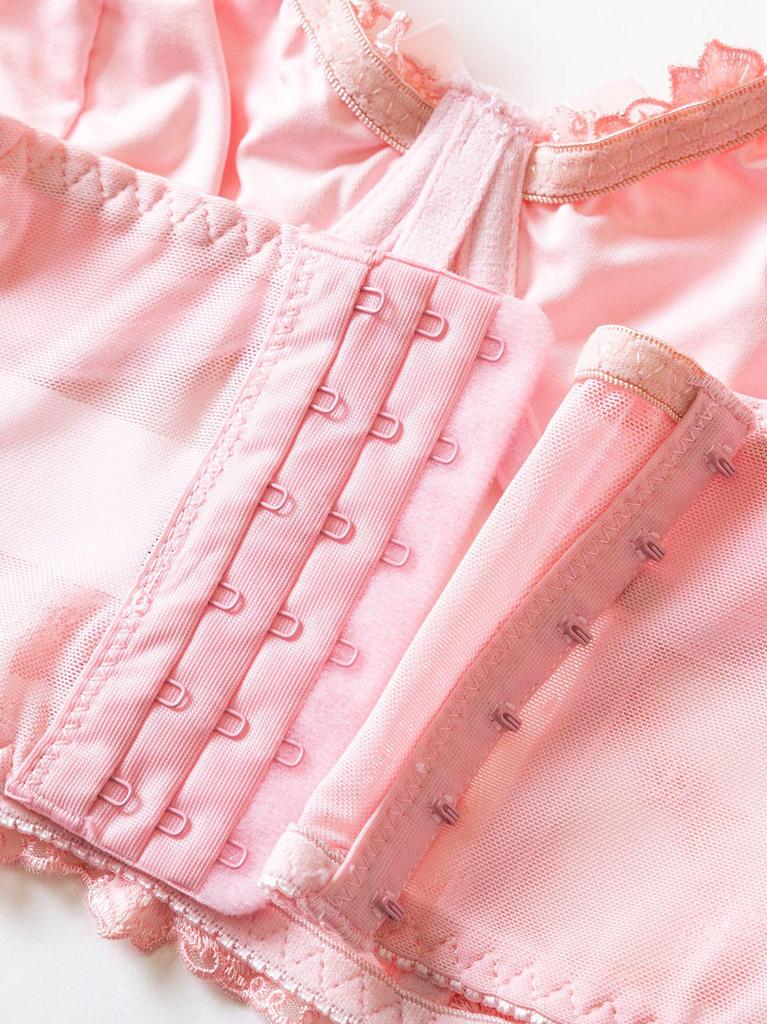 Pink Mesh Embroidered Corset Lingerie: Sexy Bandeau with Fishbone Detailing