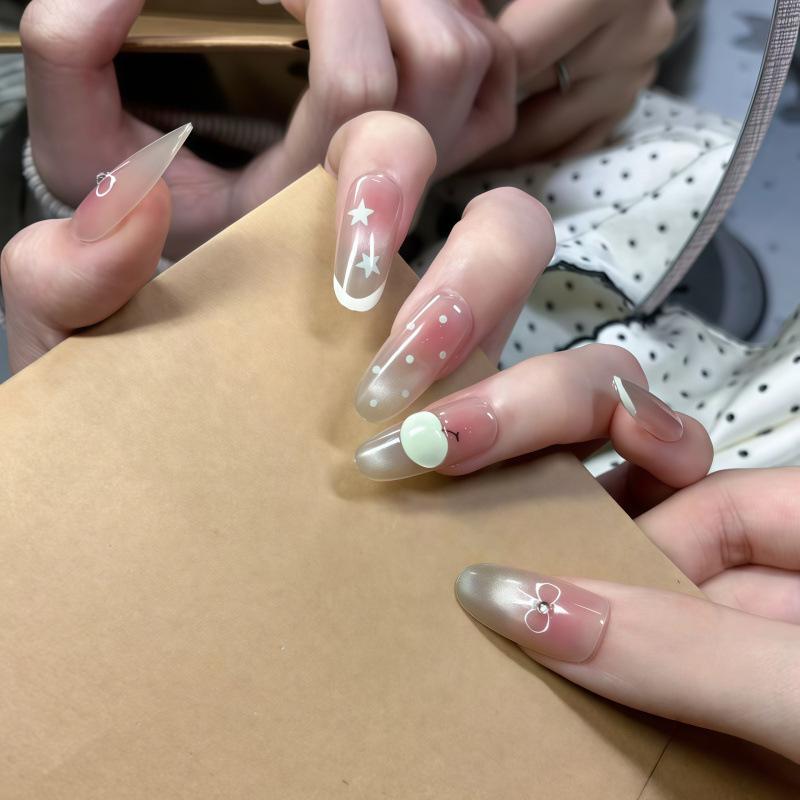 Star Dream Milk Coffee: Icy Cat Eye French Bow 2026 Wearable Nails Enhance Complexion & Style