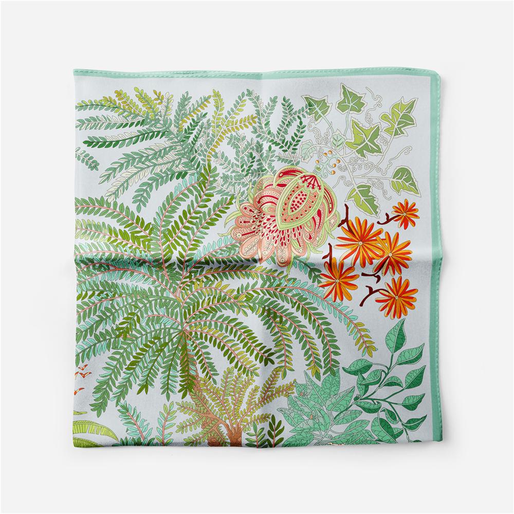 Silk Scarf Women Green Trees Print Square Scarves Wraps Bandana Small Hijab Foulards Lady Tie Headband Neckerchief