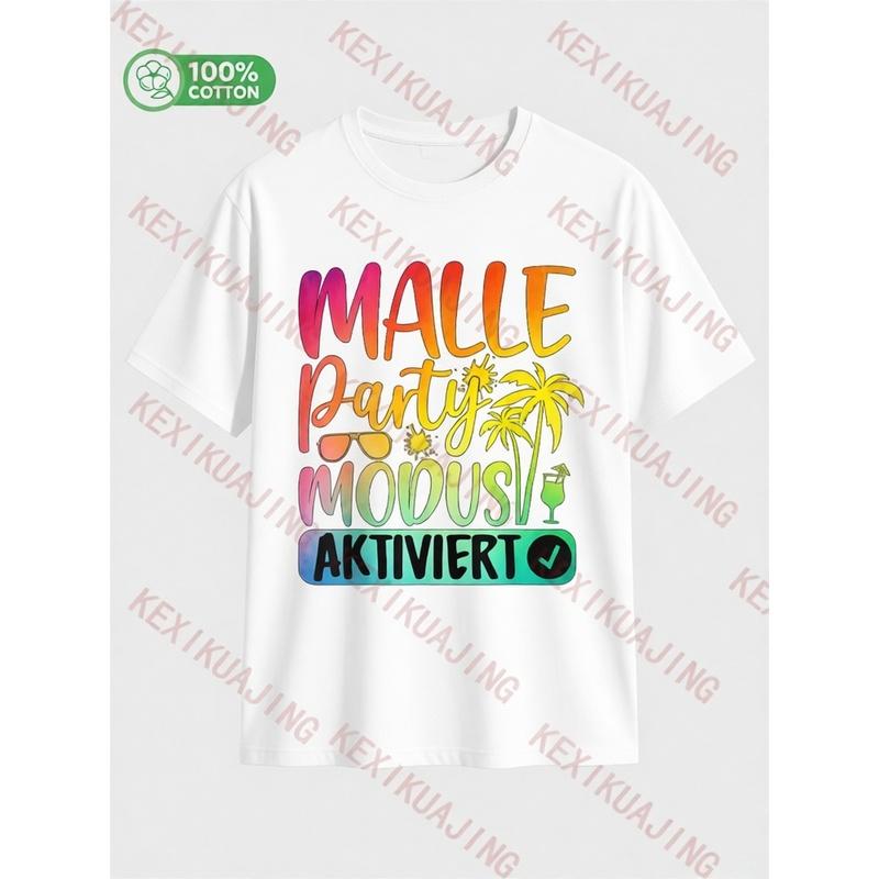 Malle Party Mode Activated Group Motif Mallorca Party T-Shirt, 180G, Vacation Apparel, Casual Outfit, Round Neck Tee, Geometric Print, Breathable
