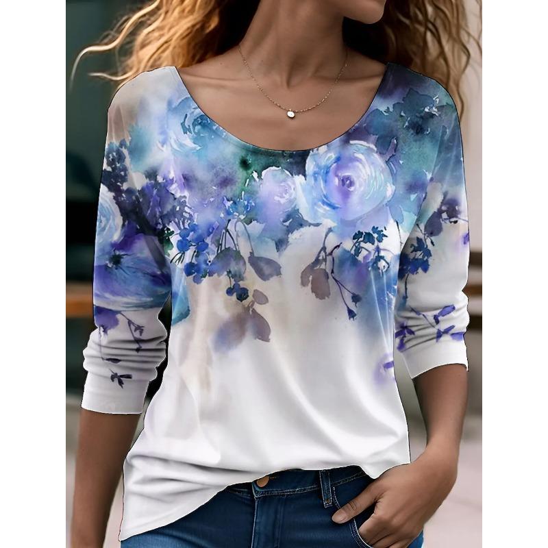 Spring and Autumn Round Neck Flower Pattern 3D Printed Top Fashionable Casual Long Sleeved Women's T-shirts