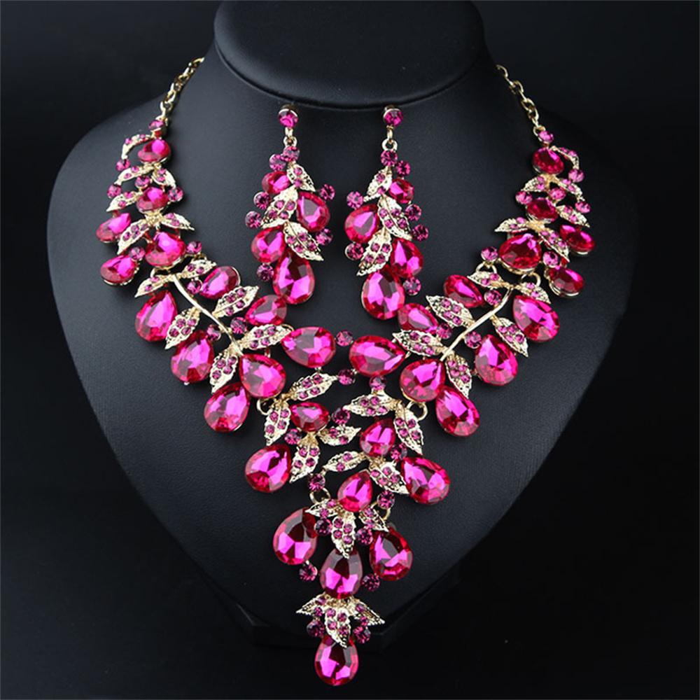 Gorgeous Colorful Crystal Flower Drop Collar Necklace Earring Luxury Wedding Jewelry Set Exaggerated Girl's Bridal Party Gift