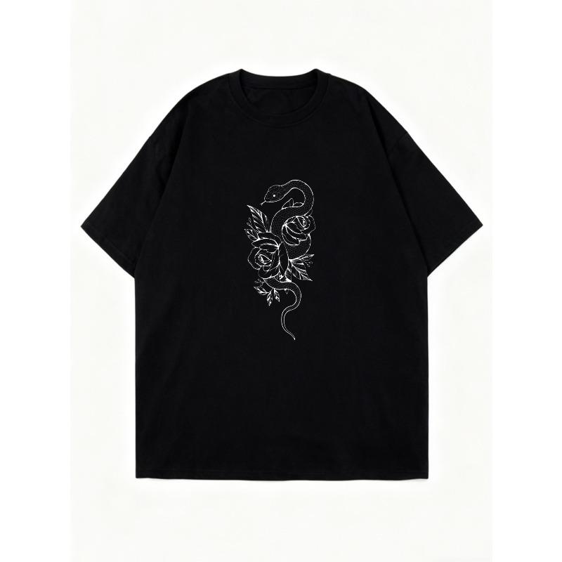 Oversized T Shirt Dress Black Snake And Rose Print Casual Streetwear For Women