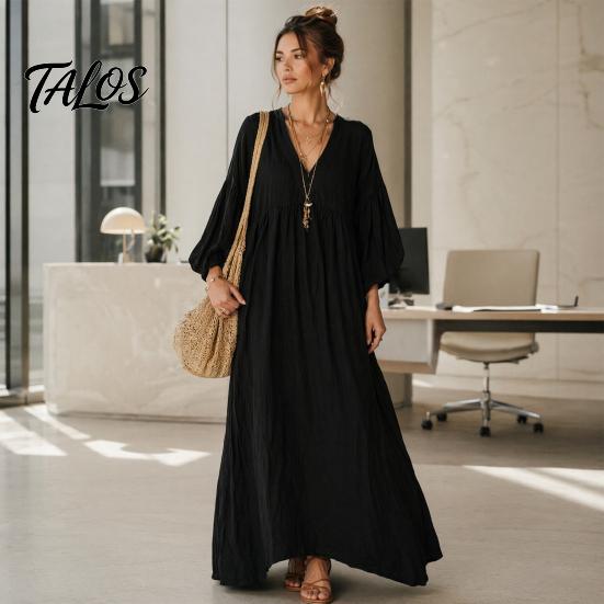 Polyester Dress Women Women's Deep V Neck Maxi Dress, Puff 3/4 Sleeve Retro Style A-Line Flowy Casual Loose Boho Beach Sundress Everyday Wear