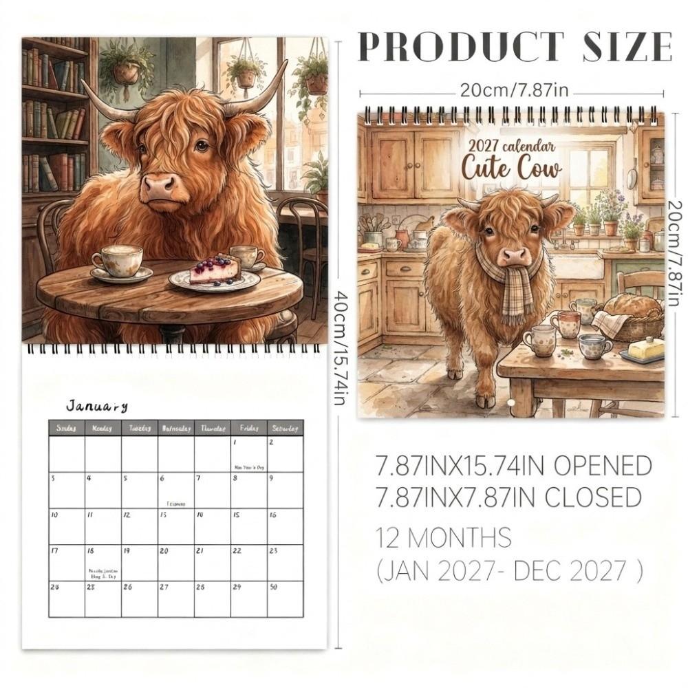 12-Month Cow Hanging Calendar Large Font Farm Animal Monthly Calendar New Year