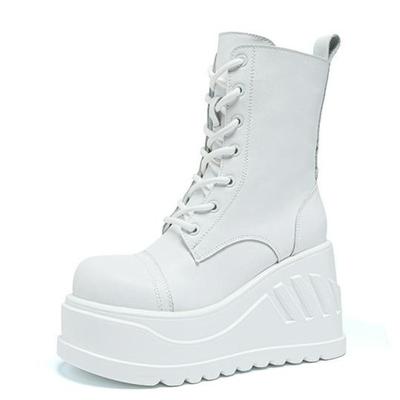Fashion 10CM Genuine Lather Women Platform Boots British Style Chunky Heel Mid-calf Ladies Boots Autumn White Plush Goth Women Shoes