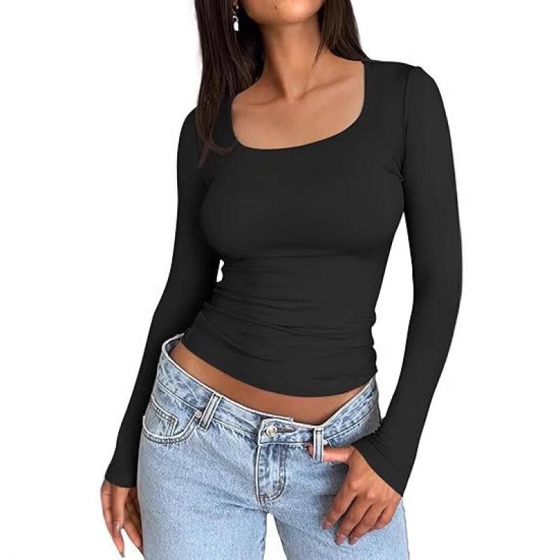 Cross-border Women's T-shirt 2025 Spring New U-neck Pullover Long Sleeve Slim Fit Basic Women's Shirt