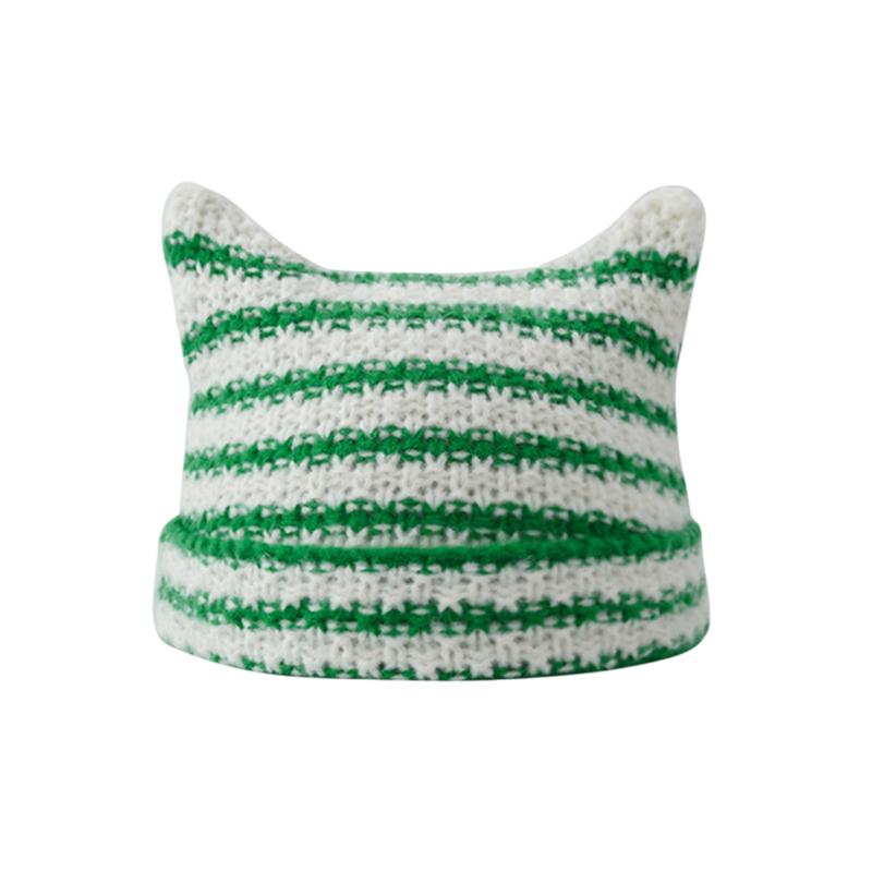 Cute Fashion Autumn Winter Cat Ears Hats For Women Girls Punk Striped Thickened Warm Cap Hairball Pendent Cold-Proof Hat Gifts