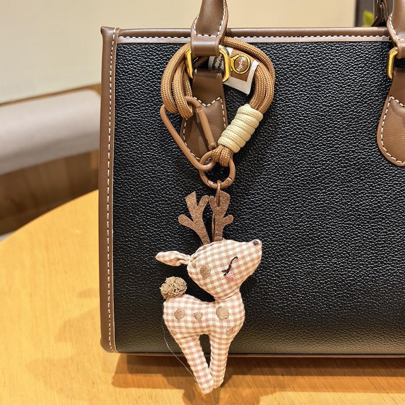 Cute Fabric Deer Bag Charm, Handmade Plush Deer Keychain with Colorful Braided Rope