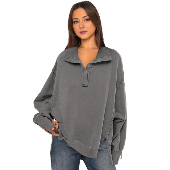 Fall Spring Women Sweatshirt Loose Turn-down Collar Lantern Sleeves Loose Solid Color Side