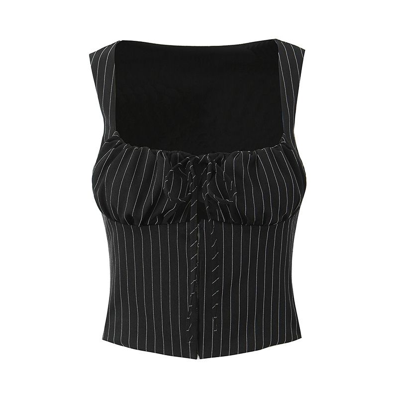 Hold Delicate Feeling House Same Style Sweet Cool Stripes Lace-up Waist-Controlled Small Sling Pleated A- line Skirt Suit