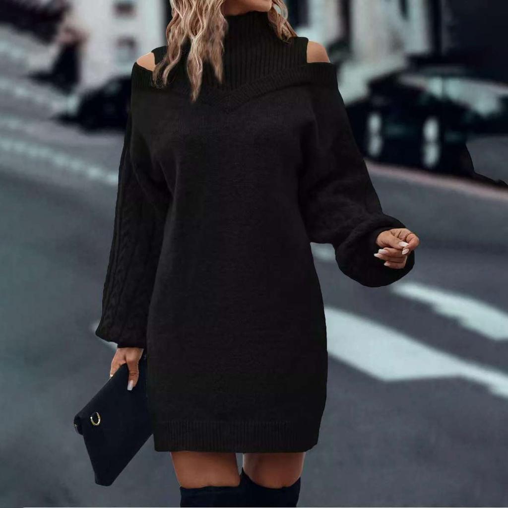 Autumn Winter Casual Loose Mini Dress Fashion Long Sleeve Elasticity Sweater Dresses Turtleneck Solid Off-shoulder Knitted Dress