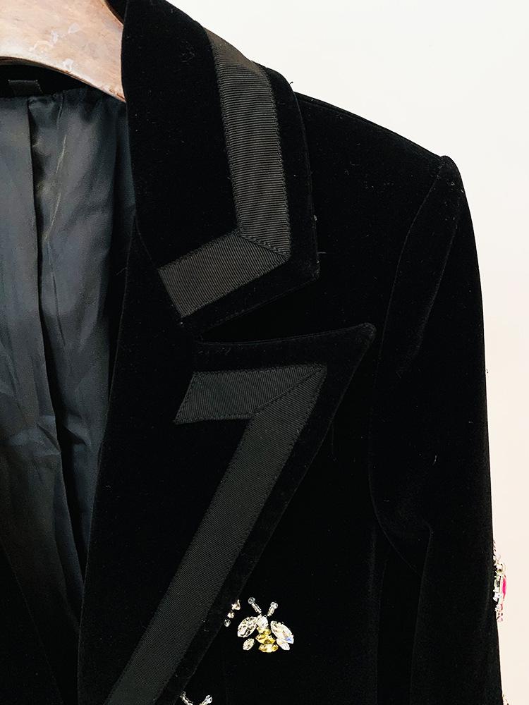 High-End Slim Fit Velvet Suit Jacket with Bee Embroidery and Rhinestone Beadwork