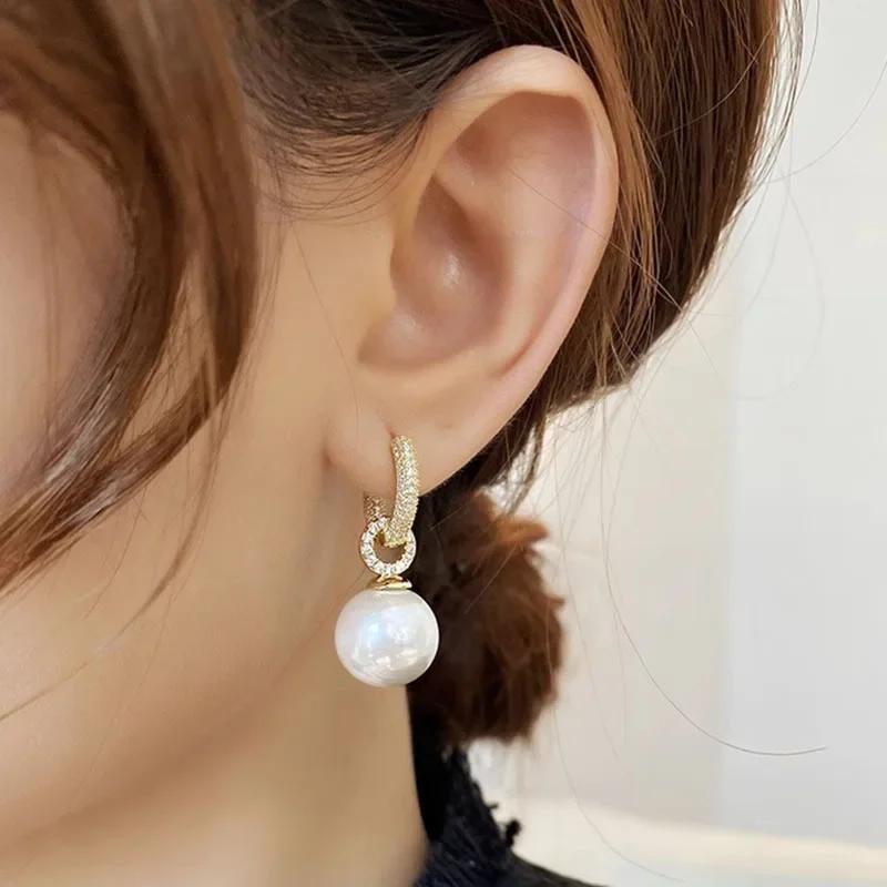 PONYKISS Sterling Silver Needle Zircon Pearl Round Hoop Earrings for Women Trendy Fashion Minimalist Accessories