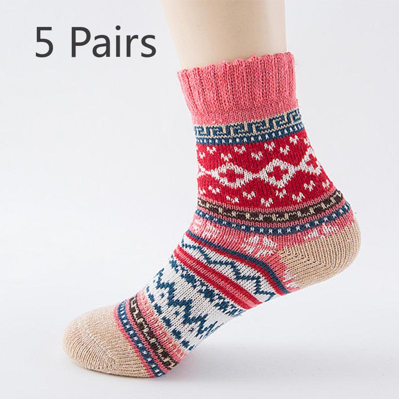 5 Pairs of Thick and Warm Cross-flower Rabbit Wool Socks with Ethnic Style and Coarse Needle Cashmere Socks for Autumn and Winter