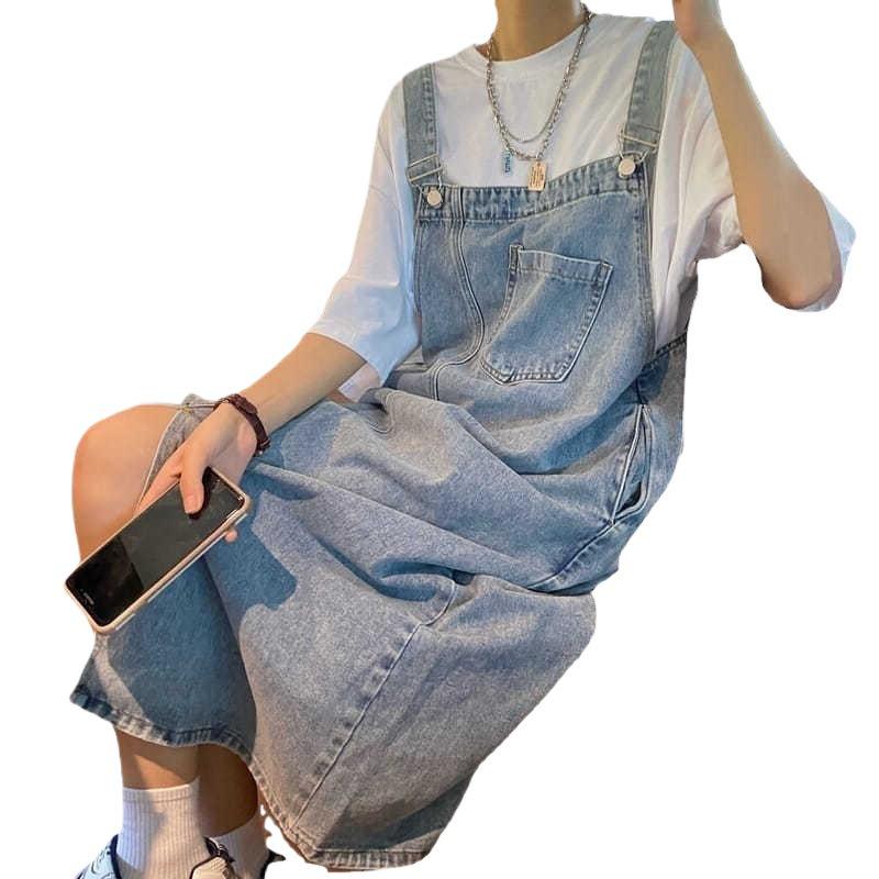 Women's Summer Loose Fit Long Denim Suspender Skirt with Irregular Slit