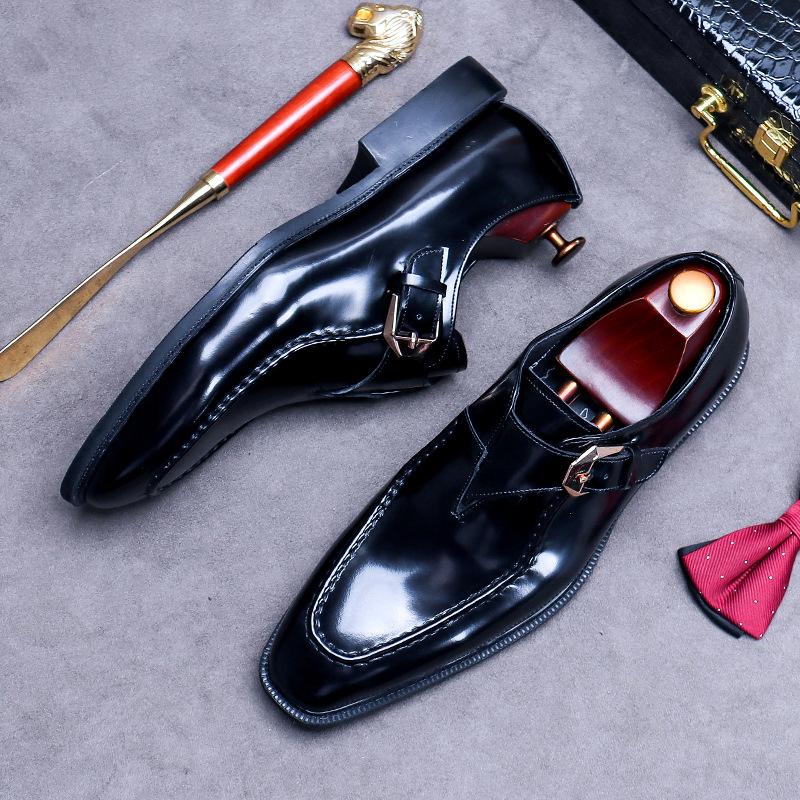British Buckle Cowhide Dress Shoes Men's Versatile Square First Layer Cowhide Bright Leather Wedding New