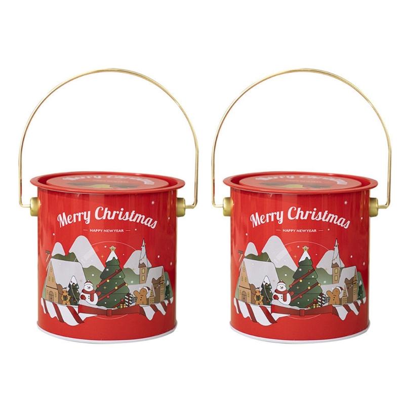 Pack Of 2 Christmas Treat Boxes with Handle Handheld Round Bucket Tinplate Sweets Cookie Container for Party Use