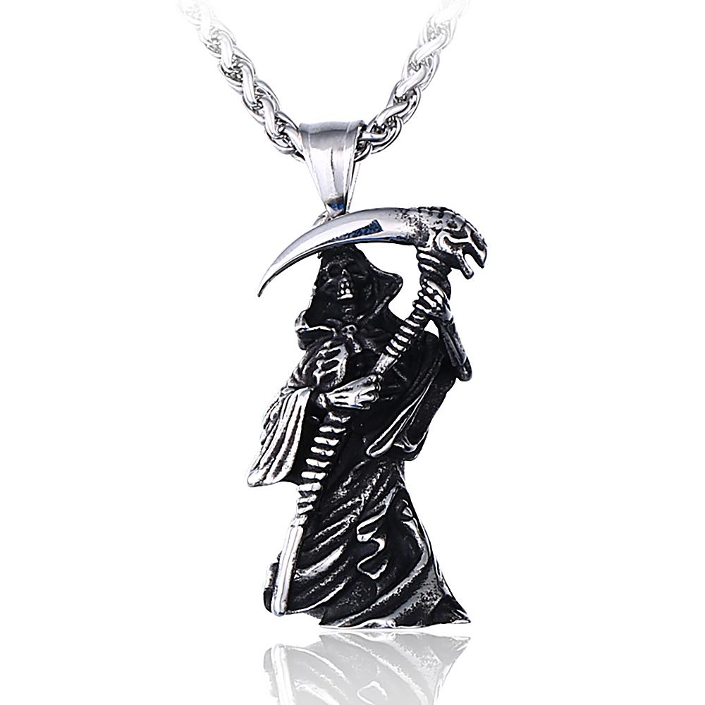 Retro Gothic Grim Reaper Scythe Skull Pendant Punk Motorbike Men Stainless Steel Skull Amulet Necklace Fashion Jewelry