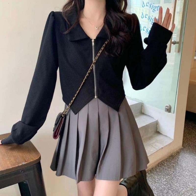 

Укороченные топы футболки женская одежда весна осень простые повседневные с длинным рукавом Harajuku молния классические винтажные повседневные мягкие внутренние женские XXXL чёрный