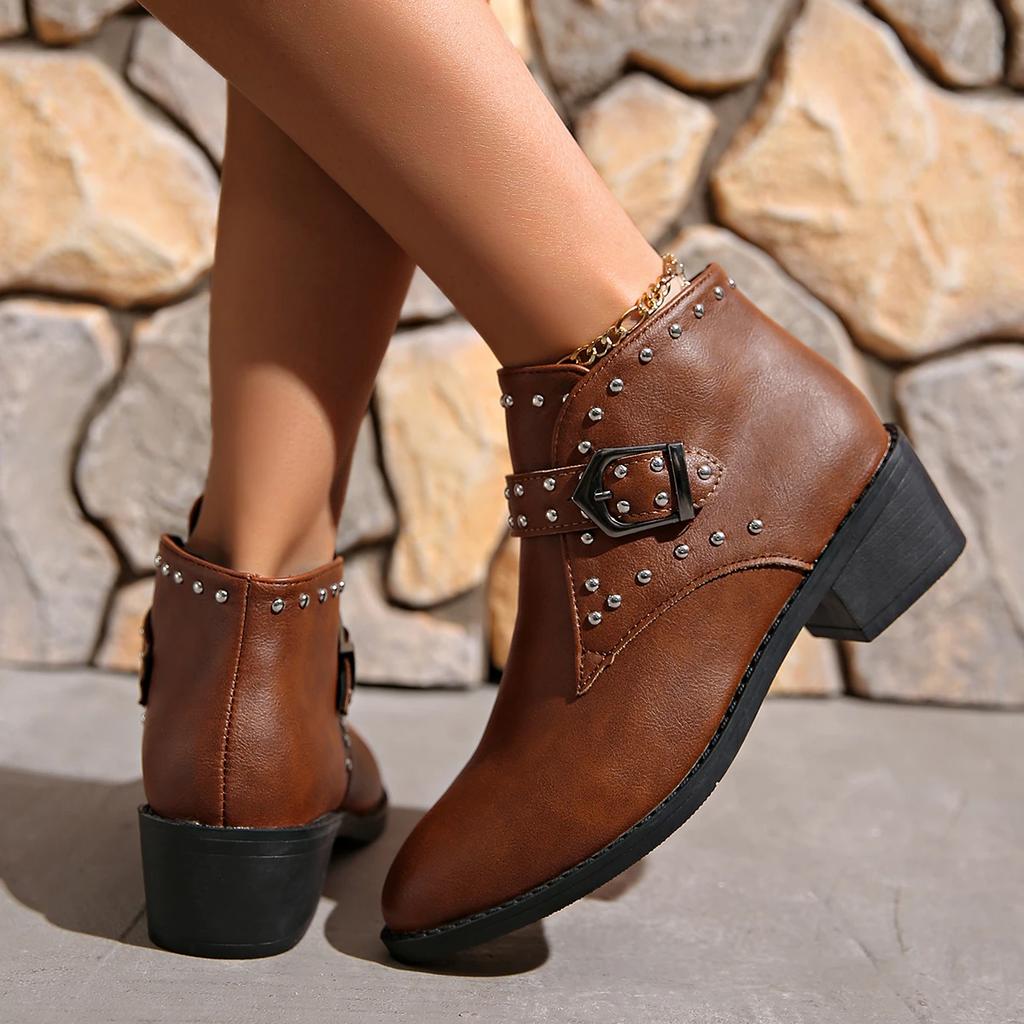 Fashion Fashion Rivet Motorcycle Boots for Women Retro Pointed Toe Thick Heeled Black Ankle Boots Woman Autumn Winter PU Leather Booties