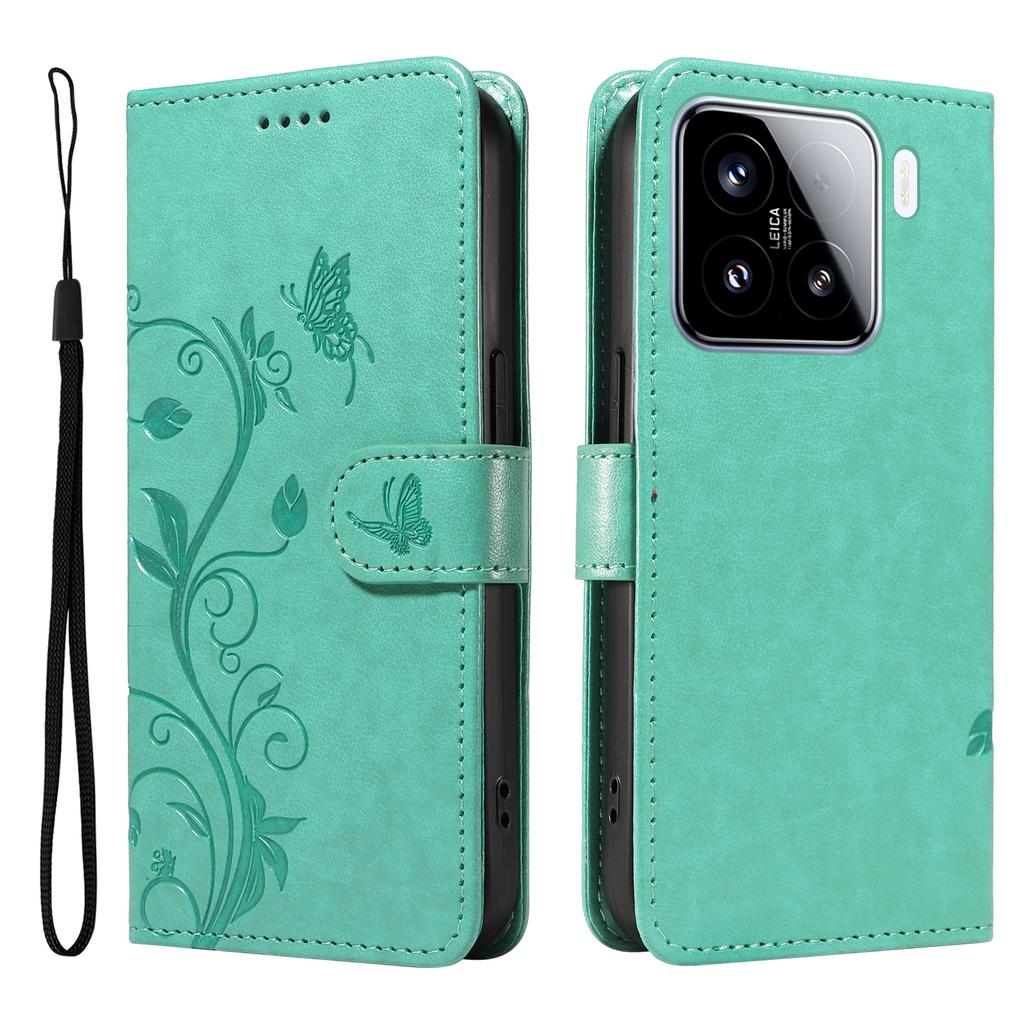 For Xiaomi 15 PU Leather Cases Flower Pattern Wallet Stand Phone Cover with Strap