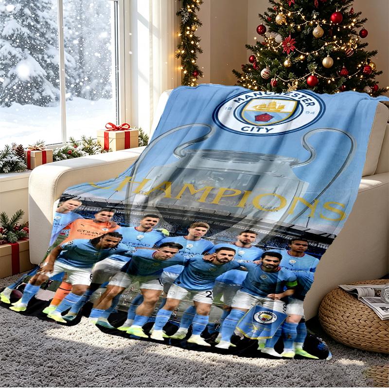 Manchester City FC Pattern Blanket for Home Decoration, Bed, Sofa, Car Travel, Camping, Suitable for All Seasons, Birthday Christmas Gift