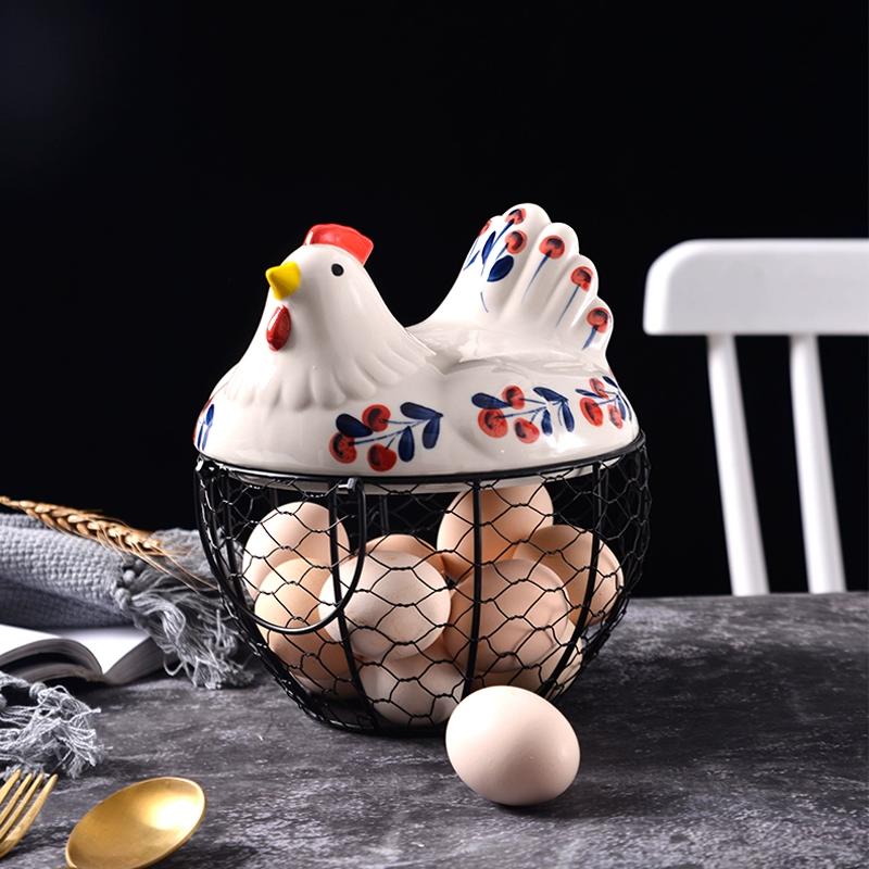 1pc Farmhouse Hen-Shaped Ceramic Egg Baske -Ceramic Egg Holder with Lid,Rustic Kitchen Organizer for Fruits/Veggies
