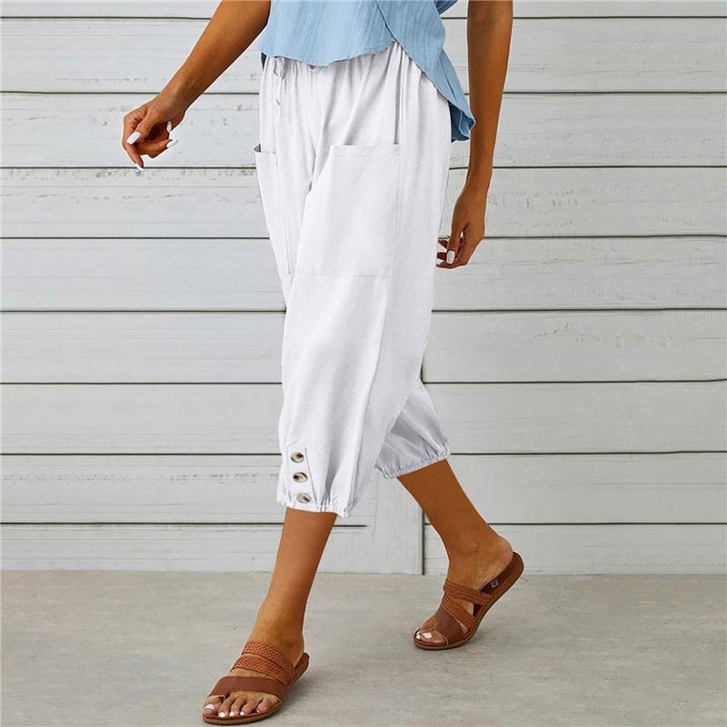 

Summer Women s Trousers Casual Three-quarter Loose Drawstring High Waist Button Cotton And Linen Trousers XXXL белый