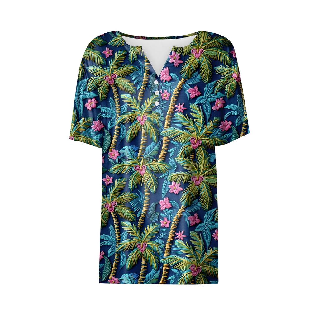 Women's T Shirt Tee Print Button Short Sleeve Daily Weekend Fashion Basic V- Neck Regular Top