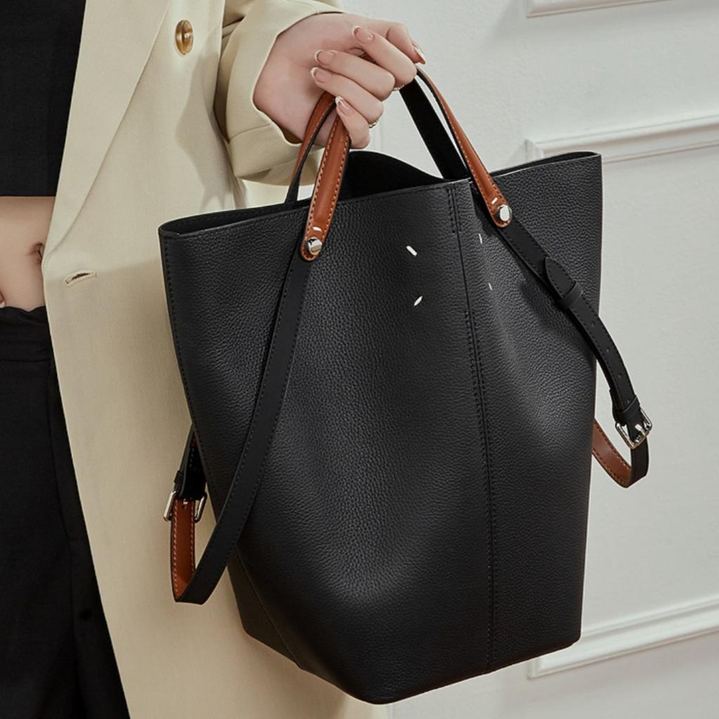 Women's Genuine Leather Basket Bucket Bag - Large Capacity Commute Shoulder Purse, Handbag Top Handle Tote, Spacious Water Bucket Style Daily Bag