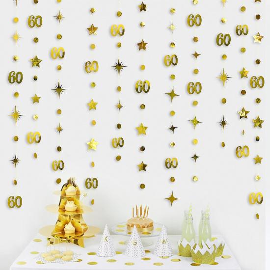 Gold 60th Birthday Decorations Number 60 Circle Dot Twinkle Star Garland Metallic Hanging Streamer Bunting Banner Backdrop for 60 Year Old Happy